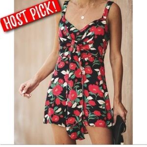 All in Favor small rose tie front romper floral fushia and black